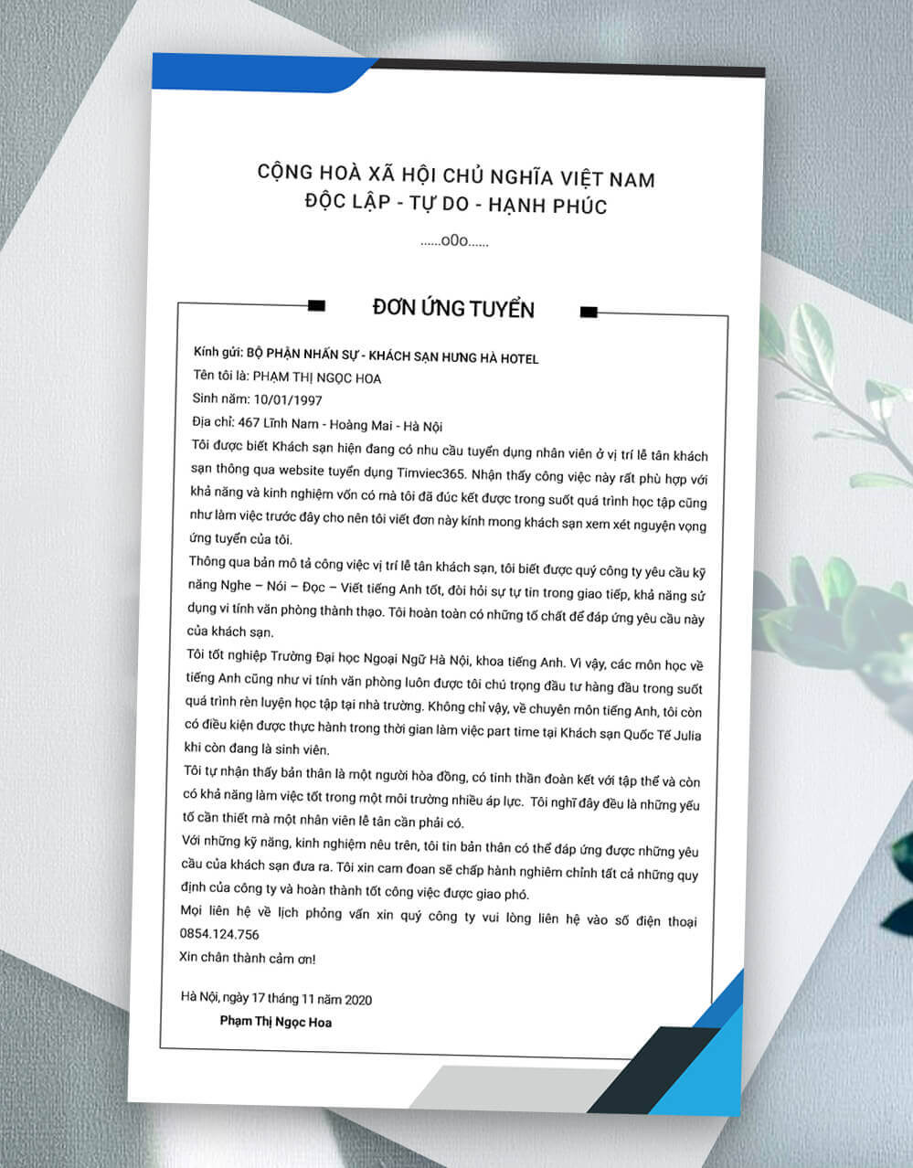 Mẫu đơn xin việc nhà hàng khách sạn 01 Mẫu đơn xin việc nhà hàng khách sạn 01